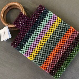 Handmade Beaded Tote Bag Multicolor Wood Handles Artisanal India Noonday Purse